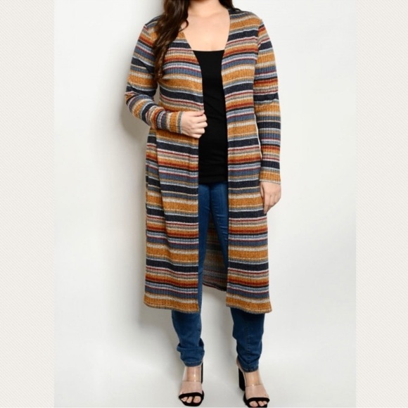 Nikki striped rib duster cardigan plus size. Earthy tones, pink. Light weight. - Picture 1 of 14